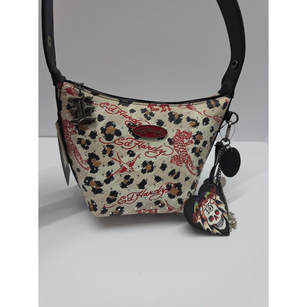 Ed Hardy Leopard Tattoo Print Rhinestone Shoulder Bag Y2K Streetwear New - Picture 6 of 6